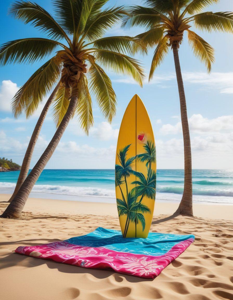 A vibrant beach scene featuring a variety of stylish bikinis displayed on mannequins, with a sunny backdrop of palm trees and ocean waves. Include elements like fashionable sunglasses, beach towels, and a surfboard nearby to evoke a summer vacation vibe. The colors should be bright and cheerful, showcasing different patterns and styles of the bikinis. super-realistic. vibrant colors. sunny atmosphere.